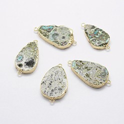 Golden Natural Druzy Quartz Crystal Links/Connectors, with Brass Finding, Drop, Golden, 34~40x17~22x5.5mm, Hole: 1.5mm