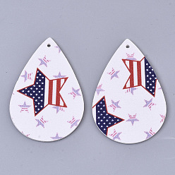 White Independence Day Theme, PU Leather Big Pendants, Double Sided, teardrop, with Star Pattern, White, 56x37x1.5mm, Hole: 1.8mm