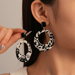 Черный Сплав смола болтаться серьги, с тканью, плоский круглый леопардовый принт, чёрные, 65x47 мм