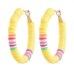 Yellow Basketball Wives Style Brass Heishi Beaded Hoop Earrings, with Plastic Earring Backs, Ring, Yellow, 50mm, Pin: 0.7mm