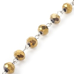 Gold Handmade Electroplate Glass Beaded Chains, Unwelded, with Iron Eye Pin, Rondelle, Gold, 14x8mm, 1m/strand, 39.37 inch