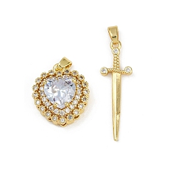 Прозрачный Латунные микропаве прозрачные кубические цирконии подвески наборы, сердце и меч, со стеклом, без свинца и без кадмия, долговечный, стойки покрытие, реальный 18 k позолоченный, прозрачные, Сердце: 18.5x16.5x8.5 mm, отверстие : 4.5x3 мм