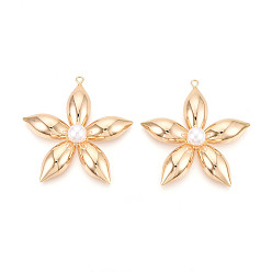 Настоящее золото 18K Латунные подвески, цветок, с имитацией жемчуга, долговечный, без никеля , реальный 18 k позолоченный, 47.5x46x9 мм, отверстие : 2 мм