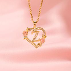 Letter Z Латунные кристаллы горный хрусталь полые розы сердце с подвеской в виде буквы для женщин, с розовым эмали, золотые, Письмо Z, 19.69 дюйм (50 см)
