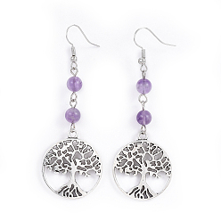 Amethyst Tibetan Style Alloy Dangle Earrings, with Natural Amethyst Beads and Iron Earring Hooks, Flat Round with Tree of Life, 71.5mm, Pin: 0.6mm