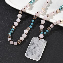 Quartz Crystal Natural Quartz Crystal Rectangle Pendant Glass Beaded Long Necklaces, 29.92 inch(76cm)
