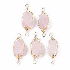 Розовый Кварц Соединители звеньев естественного розового кварца, звенья с латунной проволокой, граненые, колонка, золотые, 22.5~32x9~12x8~9 мм, отверстие : 1.2 мм
