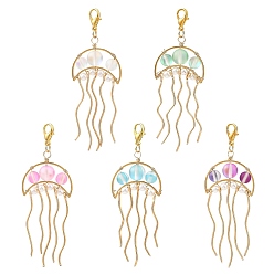 Mixed Color 201 Stainless Steel & Synthetic Moonstone Beaded Pendants Decoration, with Zinc Alloy Lobster Claw Clasps, Jellyfish, Mixed Color, 75mm