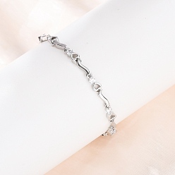 Платина Латунные браслеты-цепочки с микропаве из прозрачных кубических цирконий для женщин, сердце, стойки покрытие, долговечный, без кадмия и без свинца, платина, 7-5/8 дюйм (19.5 см)