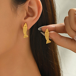 Золотой 304 серьги-гвоздики из нержавеющей стали для женщин, рыба, золотые, 25x9.5 мм