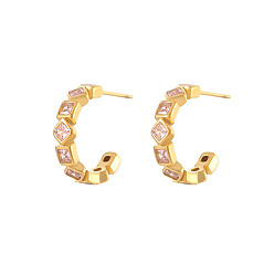 Golden Titanium Steel Ring Stud Earrings, Rhinestone Half Hoop Earrings, Golden, 18.2mm