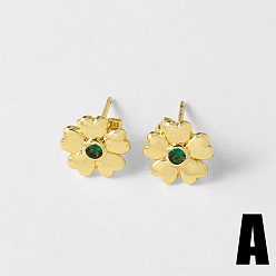 Темно-Зеленый Серьги-гвоздики из латуни и кубического циркония, цветок, золотые, темно-зеленый, 11 мм