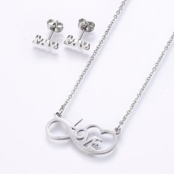 Нержавеющая Сталь Цвет Комплекты ювелирных изделий из нержавеющей стали, устойчивые к потускнению, серьги и подвесные ожерелья, Бесконечность со словом любовь, цвет нержавеющей стали, колье: 304 дюйм (18.9 см), серьги стержня: 48мм, штифты : 5x10x1.2 мм