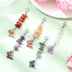 (52) Непрозрачная лаванда 5шт. бабочка сплав эмаль подвеска украшения, с натуральной красной яшмой, солнечным камнем, розовым кварцем, лабрадоритом и лепидолитом и застежками-карабинами из сплава, разноцветные, 67~68 мм
