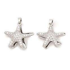 Платина Подвески из прозрачных кубических цирконий в форме морской звезды из латуни с микропаве, без кадмия и без свинца, с подвесками из пластика имитация жемчуга, платина, 21.5x21x8 мм, отверстие : 4.5x3 мм