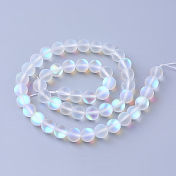 Clear Synthetic Moonstone Beads Strands, Holographic Beads, Dyed, Frosted, Round, Clear, 6mm, Hole: 1mm, about 60~62pcs/strand, 14~15 inch