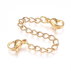 Золотой 304 удлинитель цепи из нержавеющей стали, с обочины цепей и когтя омара застежками, золотые, 71 мм, ссылка: 4x2.8x0.5 mm, застежка : 9.3x6.3x3.3 mm