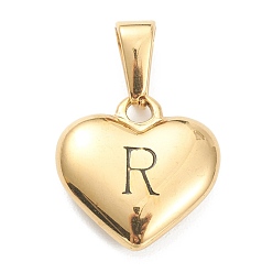 Letter R 304 Stainless Steel Pendants, Heart with Black Letter, Golden, Letter.R, 16x16x4.5mm, Hole: 7x3mm