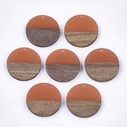 Коралловый Подвески из смолы и ореха, плоско-круглые, коралл, 24.5~25x2.5~4.5 мм, отверстие : 2 мм