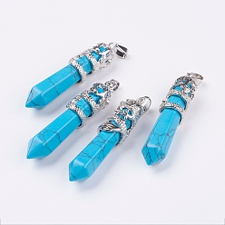Синтетическая Бирюза Синтетические бирюзовые большие остроконечные подвески, со сплавочной фурнитурой, граненые, пуля, платина, 59~63x11~12 мм, отверстие : 4x7 мм