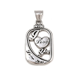 Античное Серебро 304 подвески из нержавеющей стали, прямоугольник с сердцем и словом «люблю тебя», античное серебро, 35x20x2.5 мм, отверстие : 5.5x7.8 мм