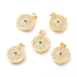 Настоящее золото 18K Кулоны из латуни с прозрачным микропейвом и кубическим цирконием королевского синего цвета, с прыжковых колец, компас, реальный 18 k позолоченный, 15.5x13x2.2 мм, отверстие : 2.6 мм