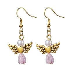 Lilac Angel Antique Golden Alloy & Resin Dangle Earrings, Imitation Pearl Acrylic Drop Earrings, Lilac, 45x21.5mm