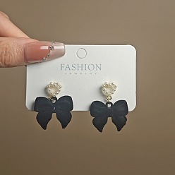 Черный Серьги-гвоздики из сплава с флокированным узором в форме сердца и банта, с имитацией жемчуга, золотые, чёрные, 33x24 мм