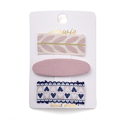 Plum Cloth Snap Hair Clips Set, with Platinum Iron Snap Clips, Rectangle & Oval, with Heart & Leaf Pattern, Plum, 59~70x21~24x2~5.5mm, 3pcs/set