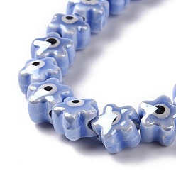 Cornflower Blue Handmade Porcelain Ceramic Beads Strands, Famille Rose Style, Star with Evil Eye, Cornflower Blue, 10.5x11x8mm, Hole: 3mm, about 32pcs/strand, 11.89~12.13 inch(30.2~30.8cm)
