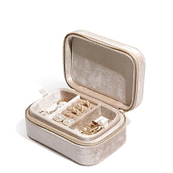 Beige 2-Tier Velvet Jewelry Set Storage Organizer Zipper Boxes, for Earrings, Rings, Bracelets, Necklaces, Rectangle, Beige, 16x10.8x7cm