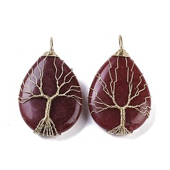 White Jade Natural White Jade Dyed Big Pendants, Teardrop Charms with Copper Wire Wrapped Tree, Golden, Dark Red, 49~51.5x31x10~11mm, Hole: 6x5.5mm
