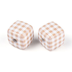 Светло-коричневый Печатные непрозрачные акриловые бусины, куб с клетчатым узором, загар, 14x14~14.5x14~14.5 мм, отверстие : 3.8 мм