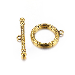 Antique Golden Tibetan Style Toggle Clasps, Zinc Alloy Bead Caps, Antique Golden, Lead Free and Cadmium Free, Ring: 26x21mm, Hole: 2mm, Bar: 37mm, Hole: 2mm