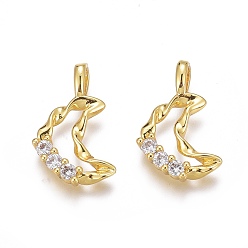 Настоящее золото 18K Латунные микропаве прозрачные подвески с фианитом, долговечный, поворот луны, реальный 18 k позолоченный, 16x9.5x2 мм, отверстие : 3 мм