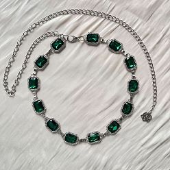 Изумруд Цепочка из сплава со стразами в стиле бохо с прямоугольными звеньями, платина, изумруд, 1120 мм