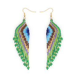 Verde Pendientes colgantes con borlas de cuentas de vidrio hechas a mano de estilo bohemio, dorado, ala, verde