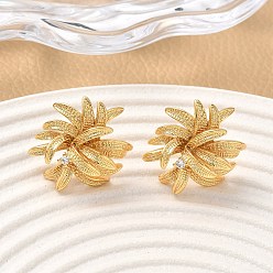 Настоящее золото 18K Серьги-гвоздики в форме цветка из латуни с прозрачным кубическим цирконием, без никеля , реальный 18 k позолоченный, 19.5x19.5 мм