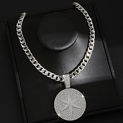 Плоский Круглый Ожерелья с кубинской цепочкой в стиле хип-хоп из цинкового сплава с кристаллами и стразами, серебряный цвет гальваническим, плоские круглые со звездой, 23.62 дюйм (60 см), Кулон : 76x53 мм