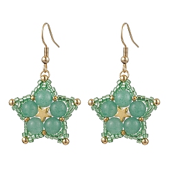 Зеленый Авантюрин Натуральный зеленый авантюрин болтаться серьги, со стеклянными бусинами и 304 крючками для сережек из нержавеющей стали, звезда, 46x27 мм
