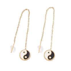 Golden Long Chain with Enamel Yin Yang Dangle Stud Earrings, 304 Stainless Steel Ear Thread for Women, Golden, 101mm, Pin: 1mm