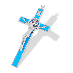 Bleu Ciel Foncé Émail en alliage gros pendentifs, croix avec le charme de jésus, bleu profond du ciel, 195x98x22mm