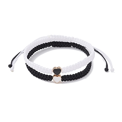 Noir 2pcs 2 couleurs fil de nylon tressé, cordon de nouage chinois cordon de perles tressé perle meilleurs amis bracelts, avec des perles d'émail en alliage, cœur, blanc, noir, 60~110, 1 pc / couleur