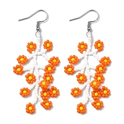 Темно-Оранжевый Серьги с подвесками из семян ручной работы, с 304 нержавеющей стали серьги крючки, цветок, цвет нержавеющей стали, темно-оранжевый, 70.5x17.5 мм