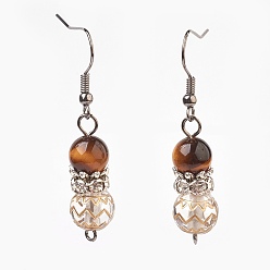 Tiger Eye Natural Tiger Eye Beads Dangle Earrings, with Plating Acrylic Beads, Brass Rhinestone Spacer Beads and Brass Earring Hooks, 44~45mm, Pin: 0.6mm