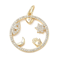 Chapado en Oro Real de 14K Latón micro pavimenta claro colgantes de circonio cúbico, redondo plano con amuletos de mal de ojo, real 14 k chapado en oro, 23x21x2 mm, agujero: 4 mm