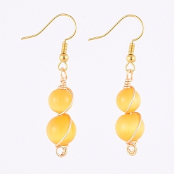 Желтый Латунь болтаться серьги, с бусинами "кошачий глаз", круглые, желтые, 45 мм, штифты : 0.6 мм