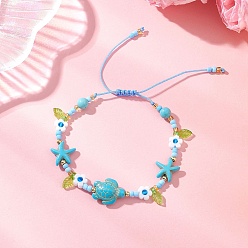 Бирюза Браслеты из синтетической бирюзы и стеклянного бисера на морскую тематику, Регулируемый браслет с подвесками в виде черепахи и морской звезды для женщин., бирюзовые, внутренний диаметр: 2.11~3.48 дюйм (5.35~8.85 см)