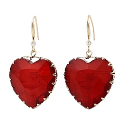Red Glass Heart Dangle Earrings, Light Gold Brass Earrings, Red, 49x28mm