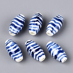 Royal Blue Handmade Porcelain Beads, Blue and White Porcelain, Famille Rose Porcelain, Oval with Wavy Stripe Pattern, Royal Blue, 15~16x7.5~8.5mm, Hole: 1.8~2.2mm